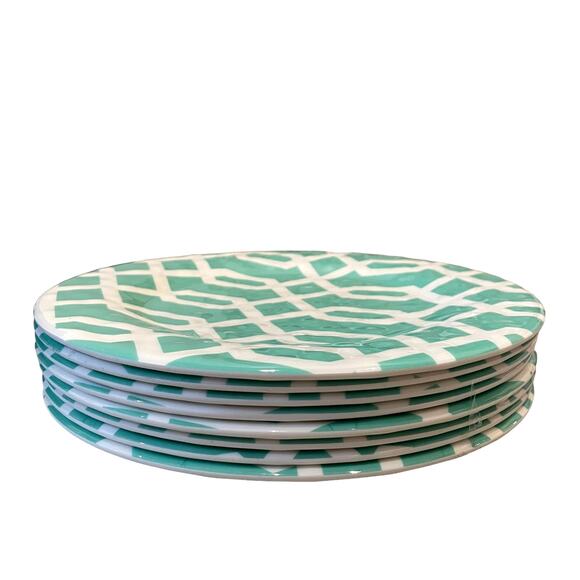 THE SPRING SHOP Melamine Dinner Plate Set of 4 Aqua & White Abstract Design NEW - Picture 2 of 8